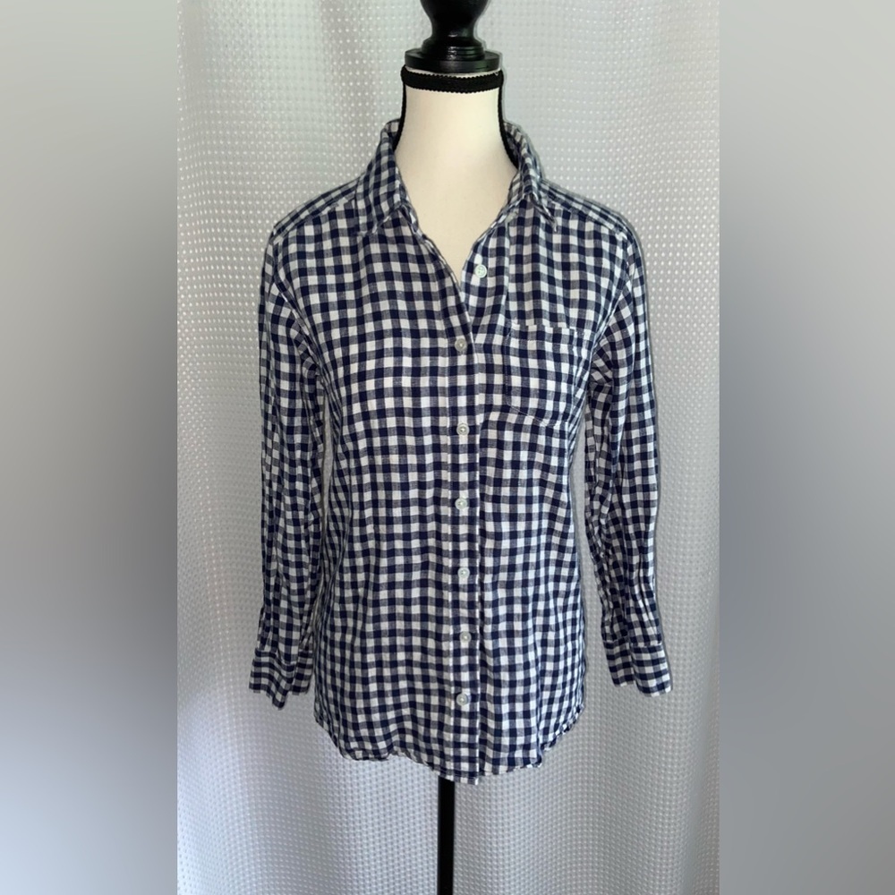Women’s FRENCH LINEN SIMPLICITÉ 100% linen gingham navy and white‎ shirt sz 36/S